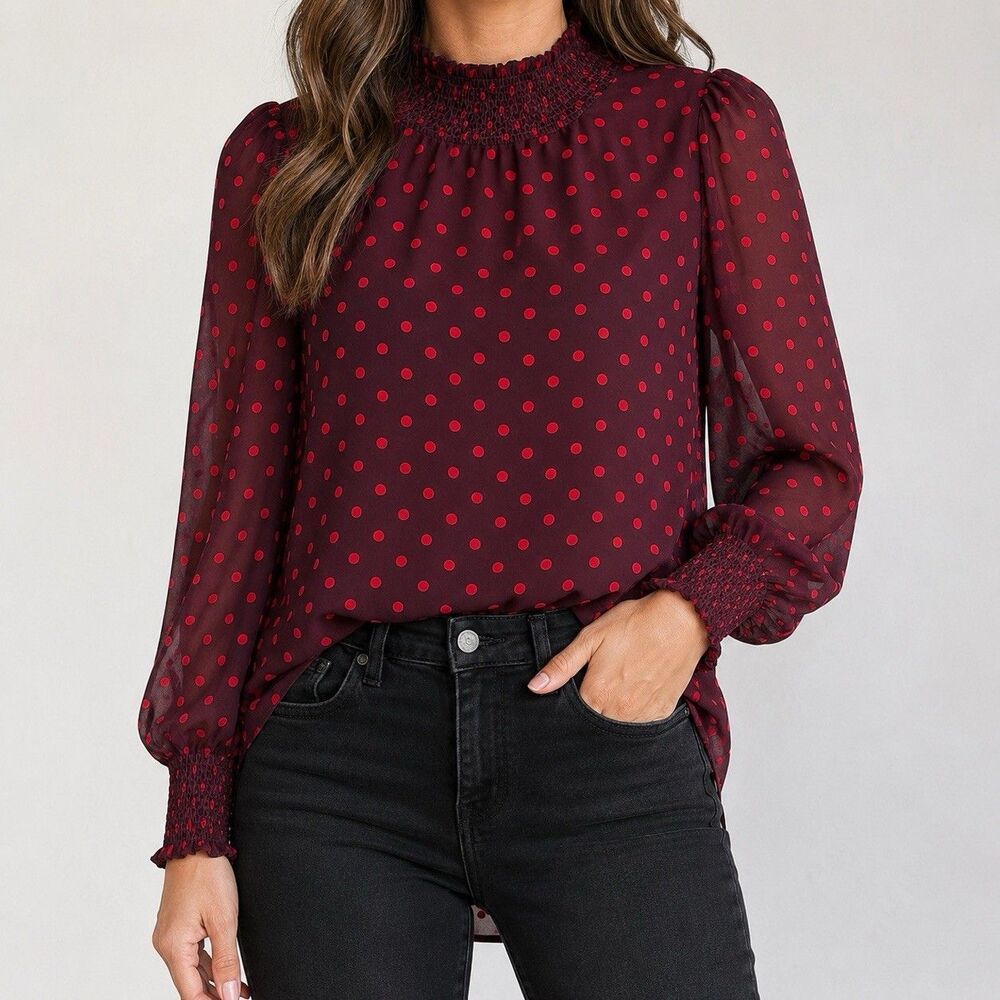 J.Crew Smocked Dot Crinkle Chiffon Top Blouse Burgundy Pink Polka Dot Large